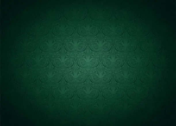 Vector illustration of Royal, vintage, Gothic horizontal background in green with a classic antique ornament, Rococo. Vector illustration