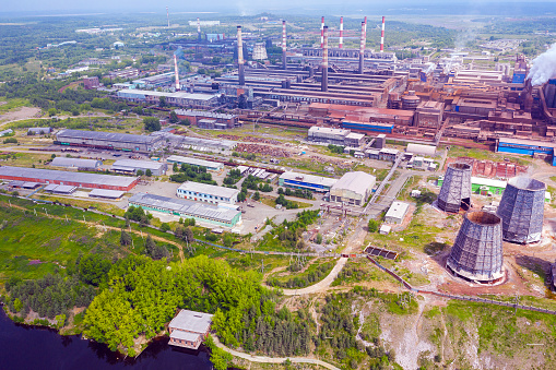 Aerial view of a metallurgical plant and an industrial zone. View from above