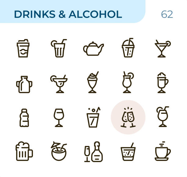 ilustraciones, imágenes clip art, dibujos animados e iconos de stock de bebida y alcohol - iconos de línea pixel perfect unicolor - wineglass symbol coffee cup cocktail