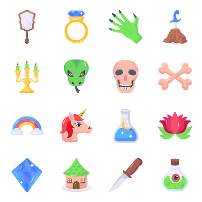 An exquisite set of magic and fairy tale icons tells a magical story. On a less technical level, you'll see swords, stones, crowns, keys, fairy tale castles, lotus, knives, magic creatures, etc. This unrealistic, but supposed real story uses flat vectors in several ways. In this pack, you will find attractive elements that can be used in a way that catches the attention of your users.