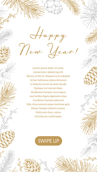 Merry Christmas and Happy New Year social media stories template with hand drawn golden evergreen branches and cones on white background. Vector illustration in sketch style