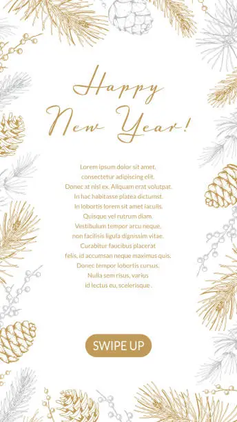 Vector illustration of Merry Christmas and Happy New Year social media stories template with hand drawn golden evergreen branches and cones on white background. Vector illustration in sketch style