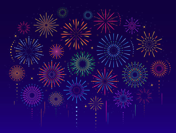 Set of colorful celebration festive fireworks for holiday Vector set of colorful celebration festive fireworks for holiday, new year party, Xmas, birthday, carnival, Independence day. Firework show in dark evening sky. Pyrotechnics firecracker background firework stock illustrations