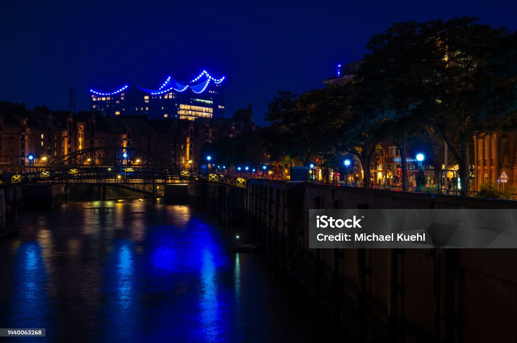 Hamburg, Elbphilharmonie at night Night shot, Elbphilharmonie with loading channel in front Architecture Stock Photo