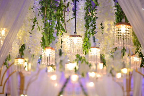 istock Elegant luxurious glass chandelier hanging from ceiling 1440063965