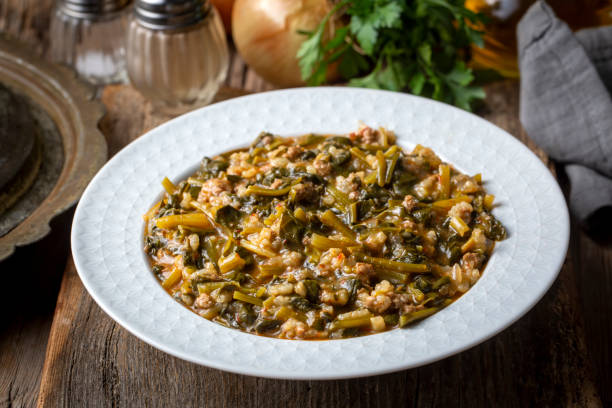 istock Traditional Turkish cuisine; Spinach with rice, spinach soup. Turkish name; pirincli ispanak yemegi, ispanak corbasi 1440065940