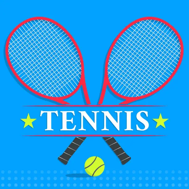 Vector illustration of Tennis logo, label or poster with crossed rackets and ball. Sport tournament banner design. Square banner template. Vector illustration.