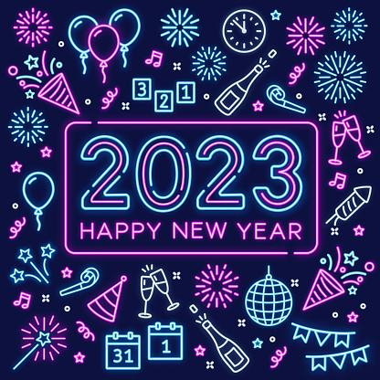Happy new year 2023 text and icons by neon sign style.