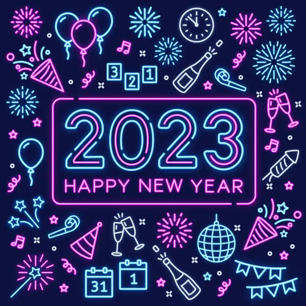 Vector illustration of Happy new year 2023 neon text and neon icon.