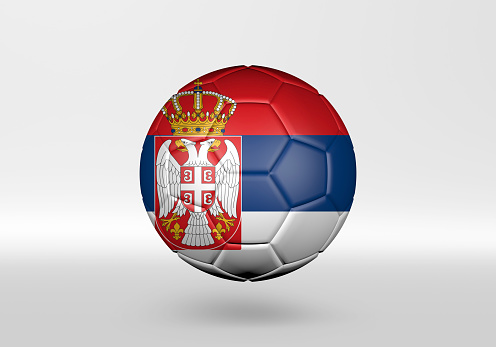 3D soccer ball with the flag of Serbia on grey background