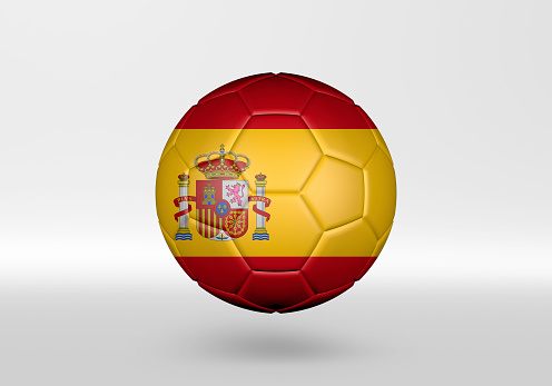 3D soccer ball with the flag of Spain on grey background