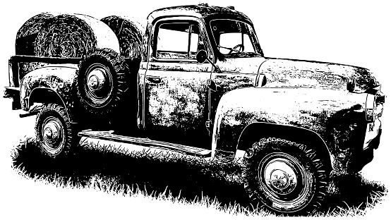 Sketch of vintage farm truck with bales of hay in the truck bed