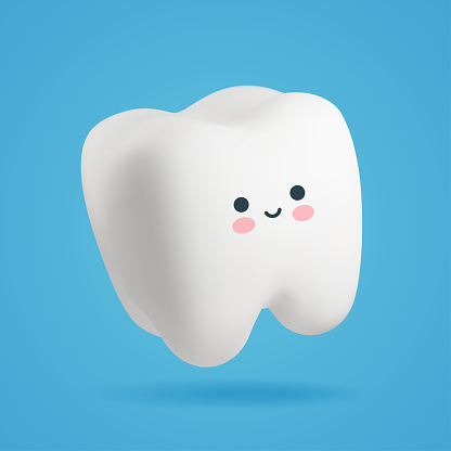 Cute baby kawaii tooth 3d. Vector cartoon character of a tooth. Illustration for pediatric dentistry