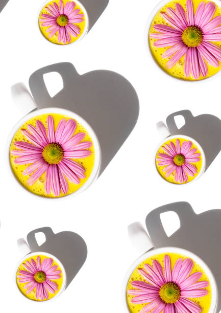 Golden milk pattern with pink daisy and white background