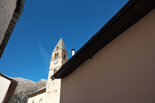 bell tower of the Eglise de l'Annonciation (Annunciation Church), the oldest building (1450) in the village of Corte; Corte, France