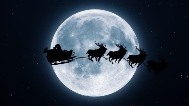 Santa Claus on sleigh with reindeer silhouette on background of full moon. The concept of happy new year, gift box, moon, greeting, animal sleigh, deer, holiday, greeting card, character animation, illustration, chroma key, sled, merry christmas,