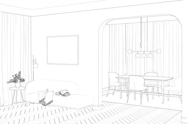 szkic nowoczesnego klasycznego pokoju z poziomym plakatem w pobliżu łuku do jadalni z krzesłami i stołem przy oknie, kwiaty w wazonie na stoliku kawowym, lampa przy kanapie. - chandelier residential structure living room sofa stock illustrations