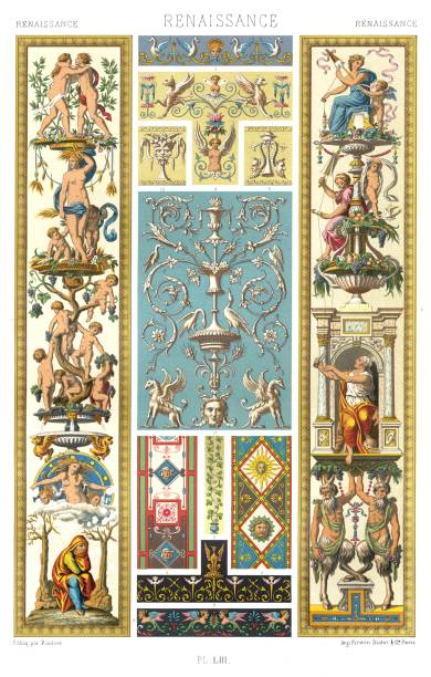 illustrations, cliparts, dessins animés et icônes de renaissance - xvie siècle - fresques et arabesques de raphaël - loggie du vatican (12 motifs), par color ornament 1885. - french renaissance