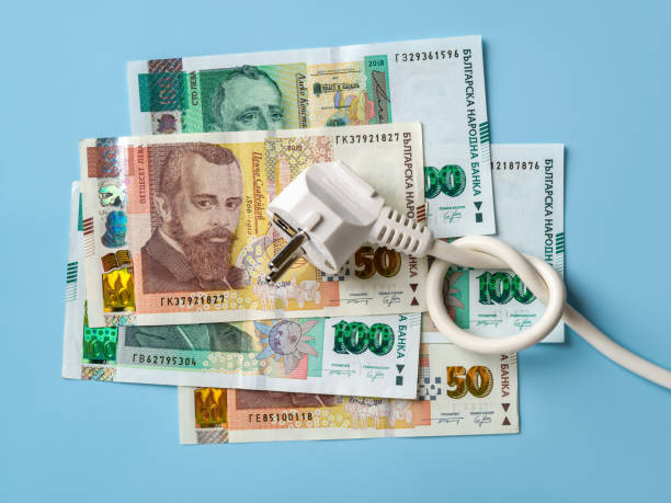 Electric plug with knotted power cable on bulgarian lev banknotes over blue background. Concept of rising energy costs in Bulgaria. Electric bill increases. Power price spike. stock photo