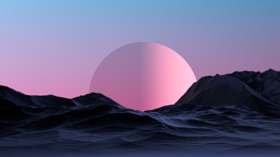 The futuristic landscape with a planet on the horizon in pink. Fantastic landscape mountains and planet. 3D render.