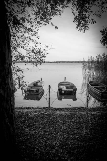 istock on a lake rowboats lying side by side on shore in water in black white 1440083067