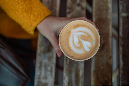 Woman hands holding paper cup of hot coffee latte cappuccino with heart shaped. Love.