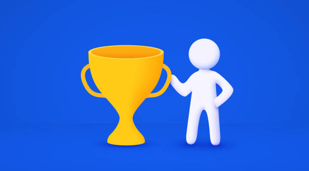 istock 3d white cartoon man holding big golden trophy. Winner concept. Isolated blue background. 1440088789