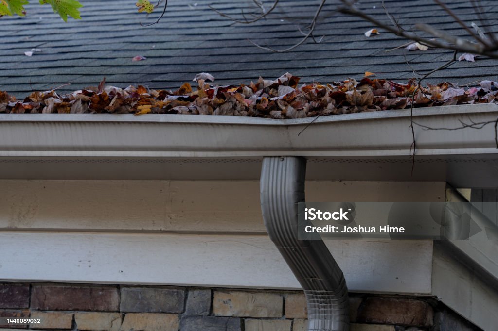 Gutters needing cleaning A gutter bent with age piled high with dead leaves Roof Gutter Stock Photo