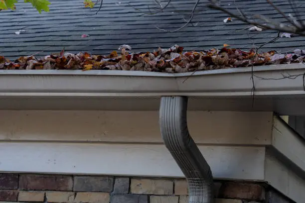A gutter bent with age piled high with dead leaves