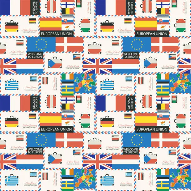 Vector illustration of seamless pattern on theme of travel of Euro union with flags and envelopes