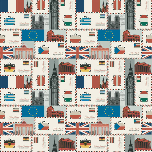 Vector seamless pattern on theme of travel to countries of Euro union. Repeatable background with envelopes, flags and architectural landmarks in retro style. Wallpaper, wrapping paper, fabric