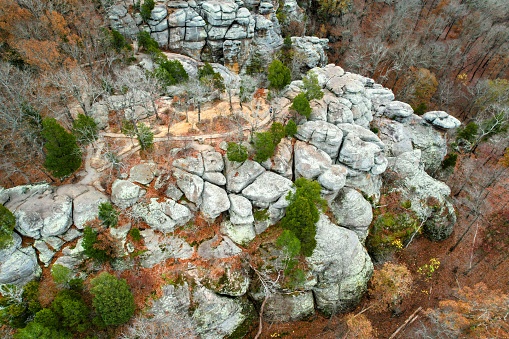 Rock climbing aerial photography in forest