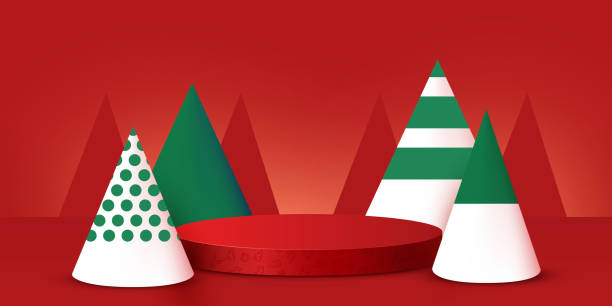 istock Mock up scene. Podium for cosmetic and product display. Stage pedestal or platform. Winter Christmas red background with xmas tree. 1440092057