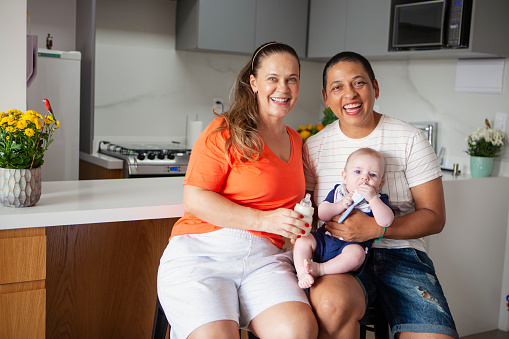 Portrait of lesbian couple with baby