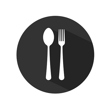 Spoon and fork round silhouette menu icon with shadow