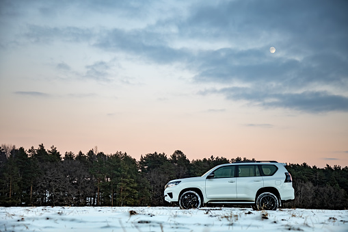 Moscow, Russia - December 27, 2020: White SUV Offroad car Toyota Land Cruiser 150 Prado stands in a snowy forest. Field, green pines and the moon.