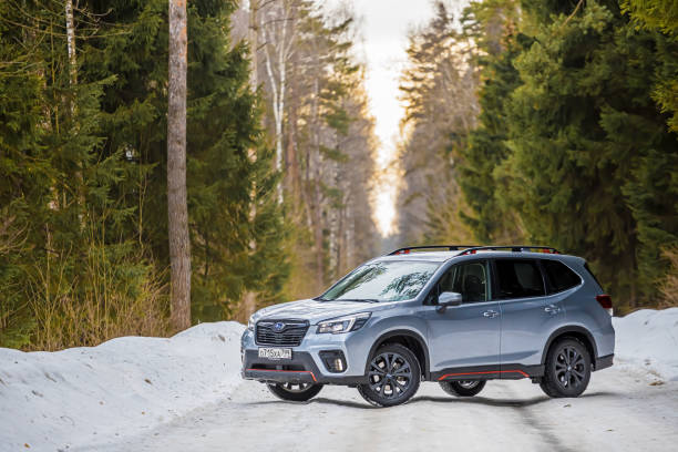 A silver Subaru Forester stands on the road in a snowy winter forest stock photo
