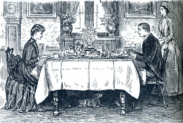 wohlhabendes paar an einem esstisch illustration aus dem 19. jahrhundert - men romance high society upper class stock-grafiken, -clipart, -cartoons und -symbole