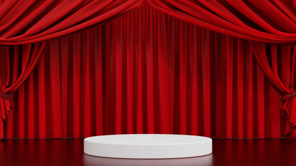 istock Round podium on stage theater or opera with red curtain, 3D rendering. 1440102185
