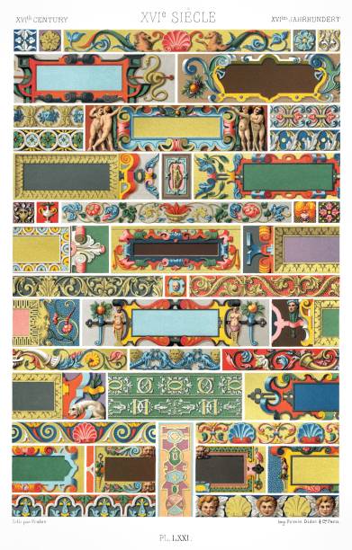 sechzehntes jahrhundert - kartuschen auf friesen, schriftrollen und ziernägeln (44 muster), von color ornament 1885. - 16th century style stock-grafiken, -clipart, -cartoons und -symbole