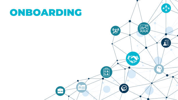 istock Onboarding vector illustration. Concept with connected icons related to welcoming new hire, welcome culture in the company, employee satisfaction, talent retention, workforce training. 1440108632