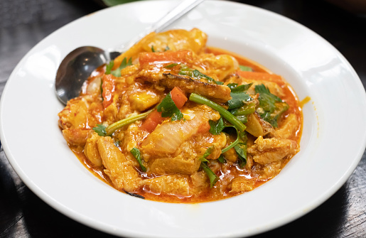 Stir-Fried Crab in Curry Powder, yellow curry, Popular Asian Food.