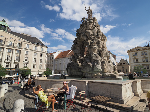 Brno, Czech Republic - Circa September 2022: People in Zelny trh translation Cabbage market square