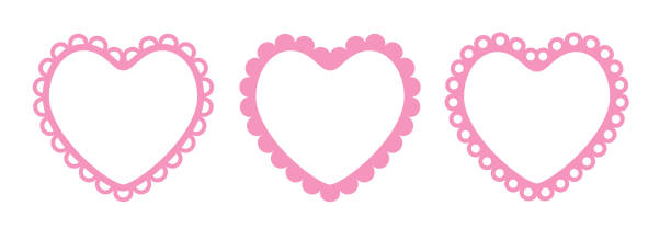 Scalloped edge heart shapes set. Simple heart scalloped border. Fabric laces silhouette frame. Repeat cute vintage frill ornament. Texture ribbons. Vector illustration isolated on white background Scalloped edge heart shapes set. Simple heart scalloped border. Fabric laces silhouette frame. Repeat cute vintage frill ornament. Texture ribbons. Vector illustration isolated on white background. scallop stock illustrations