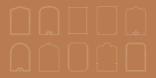 illustrazioni stock, clip art, cartoni animati e icone di tendenza di set di cornici ad arco mistico boho. arco stile linea minimale, cornice boho di forma ovale con stella, elemento geometrico per badge, logo design. vettore - terracotta immagine