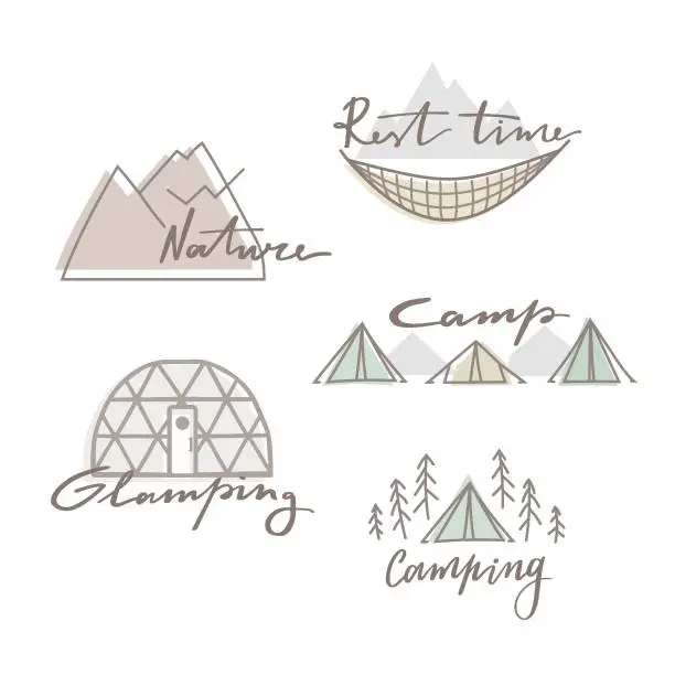 Vector illustration of Set of outdoor summer camp, glamping, logo. Hand drawn and vector emblem designs. Great for shirts, stamps, stickers, logos, tags, labels.