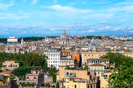 Central Rome seen from Trastevere Looking Across the Tiber River Toward Historic Buildings and Churches