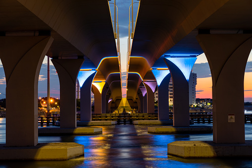 Underneath the Lesner Bridge at Dusk in Virginia Beach with colorful lights