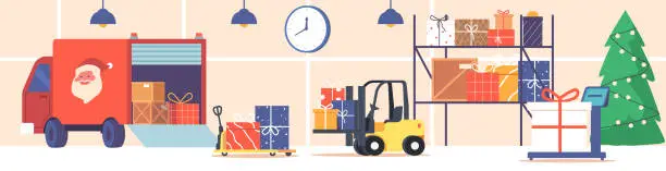 Vector illustration of Santa Claus Office or Warehouse Interior with Gifts in Truck, Forklift, Manual Trolley and Shelf with Presents