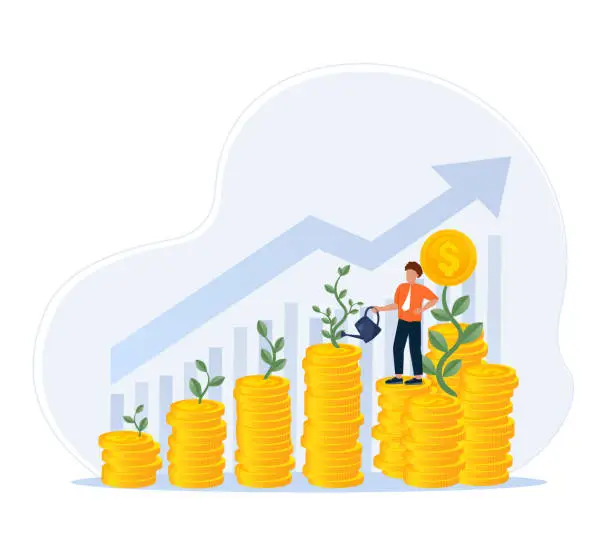 Vector illustration of ROI, return on investment performance measure from cost invested and profit efficiency. Business growth arrows to success. Vector illustration
